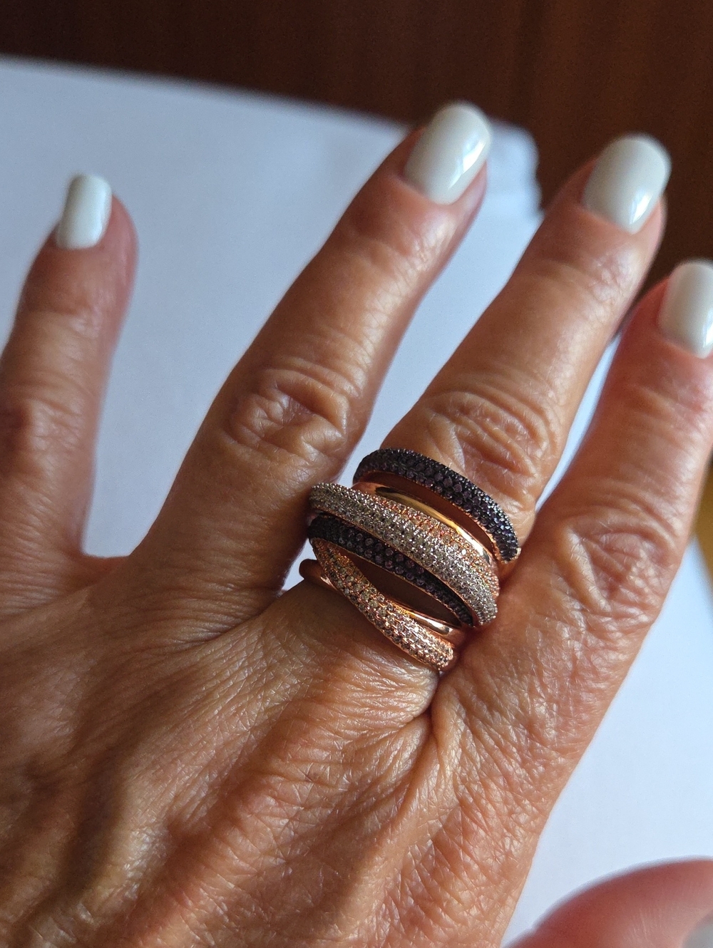 Elegant Multi-Band Rose Gold and Black Crystal Ring